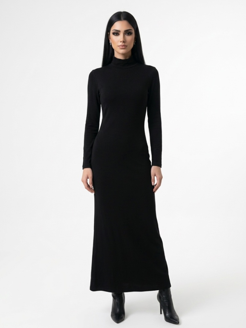 Black Mock Neck Long Sleeve Maxi Dress • Minimalist Gothic • Small